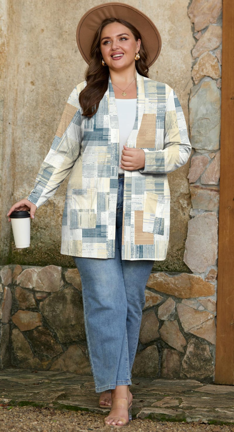 OLRIK Plus Size Cardigan For Women Long Sleeve Lightweight Jacket Open Front Cover Ups FP-Beige Gray Geometry-4X - Image 5