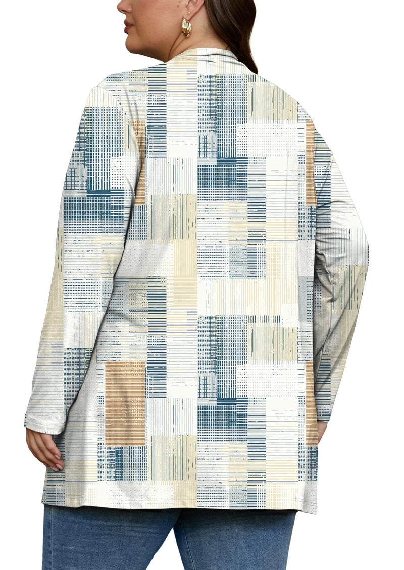 OLRIK Plus Size Cardigan For Women Long Sleeve Lightweight Jacket Open Front Cover Ups FP-Beige Gray Geometry-4X - Image 4