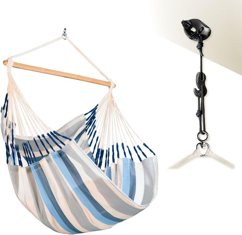 LA SIESTA Domingo Comfort Outdoor Hammock Chair | Weatherproof Fabric | Spreader bar made of bamboo | 100% polypropylene | swivel: stainless steel | Tear-resistant selvage | Sea Salt - (W 115 cm) - Image 4