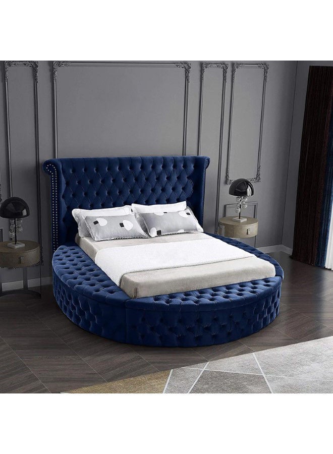 In-House Lotus | Wooden Bed Frame Upholstered in Velvet - Dark Blue  - Image 1