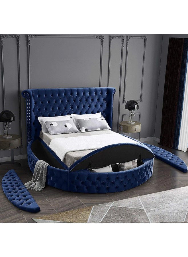 In-House Lotus | Wooden Bed Frame Upholstered in Velvet - Dark Blue  - Image 3