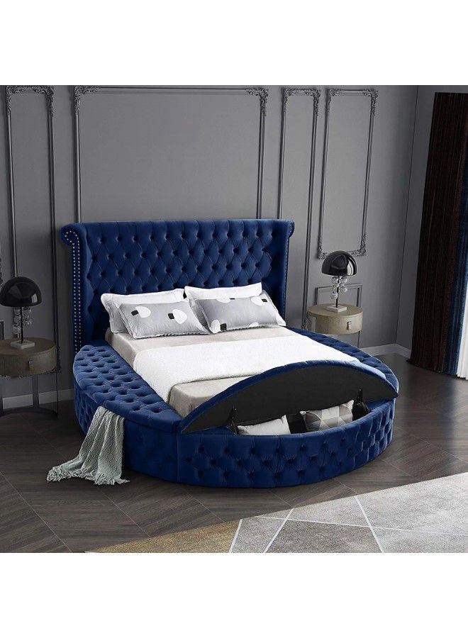 In-House Lotus | Wooden Bed Frame Upholstered in Velvet - Dark Blue  - Image 2