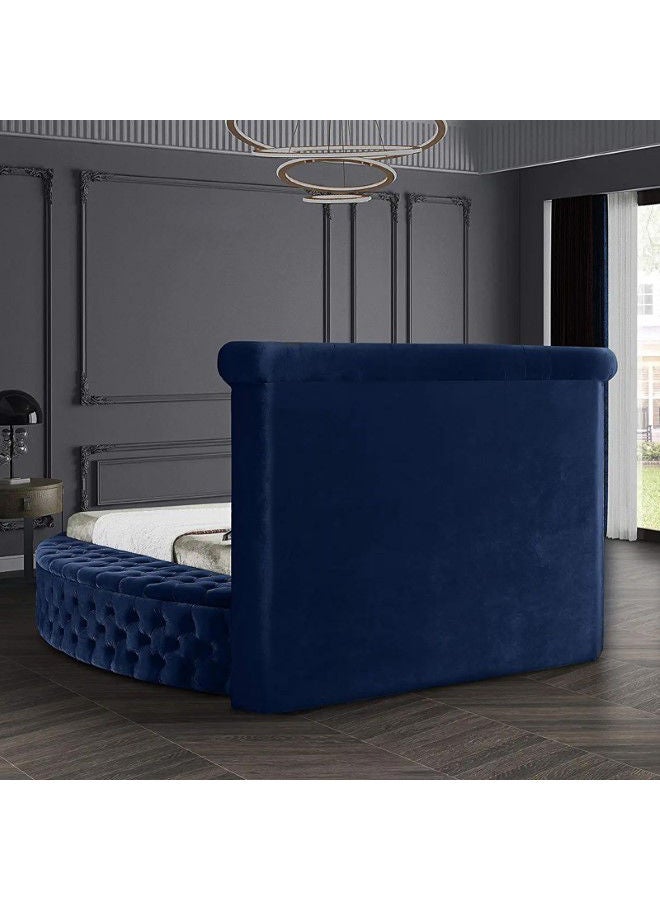 In-House Lotus | Wooden Bed Frame Upholstered in Velvet - Dark Blue  - Image 5
