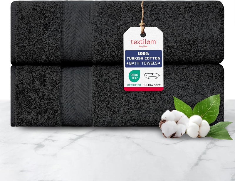 TEXTILOM 100% Turkish Cotton 2 Pcs Bath Towel Set, Luxury Bath Towels for Bathroom, Soft & Absorbent Hotel Quality Bathroom Towels Set (27 x 54 inches)- Black - Image 1