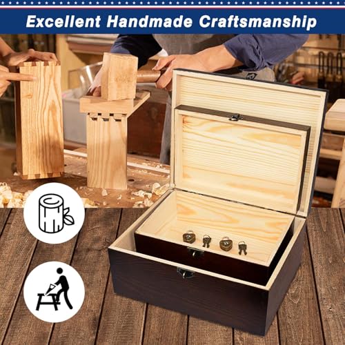 BigHala Wood Keepsake Boxes with Lock and Keys Handcrafted Decorative Wooden Storage Case Cabinet Container Hinged Lid Country Rustic Style Organizer for Trinkets Gift Card Collection Coffee Color 2 Pack - Image 2