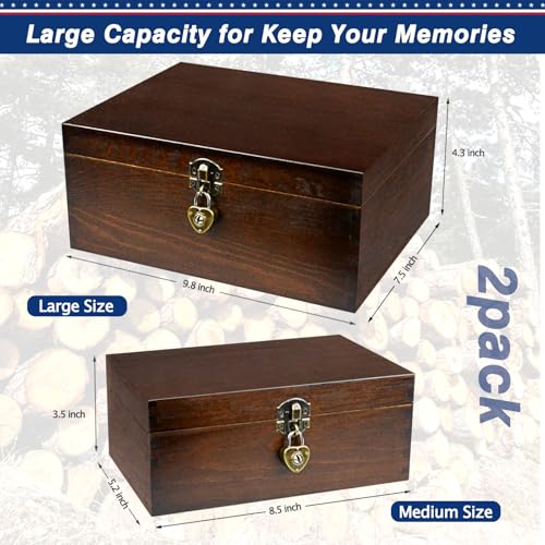 BigHala Wood Keepsake Boxes with Lock and Keys Handcrafted Decorative Wooden Storage Case Cabinet Container Hinged Lid Country Rustic Style Organizer for Trinkets Gift Card Collection Coffee Color 2 Pack - Image 3