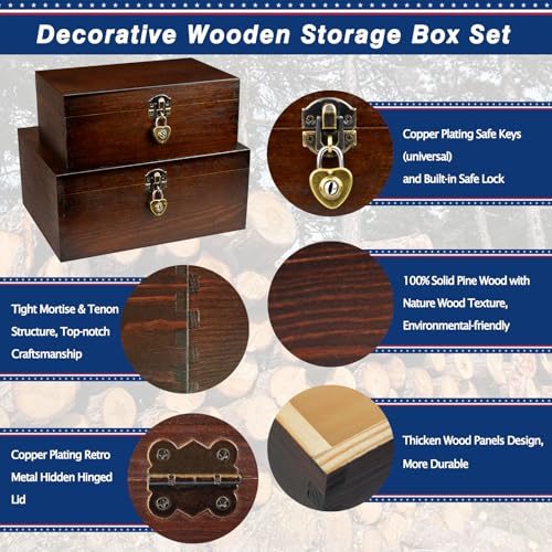 BigHala Wood Keepsake Boxes with Lock and Keys Handcrafted Decorative Wooden Storage Case Cabinet Container Hinged Lid Country Rustic Style Organizer for Trinkets Gift Card Collection Coffee Color 2 Pack - Image 4