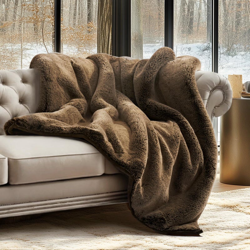 EVERGRACEHOME Luxury Soft Faux Chinchilla Fur Throw Blanket for Couch, Warm Thick Heavy Winter Throw Blanket 1220GSM for Bed, Fluffy Cozy Mink Blanket with Reversible Velvet, Brown Sable, 50"x60" - Image 1