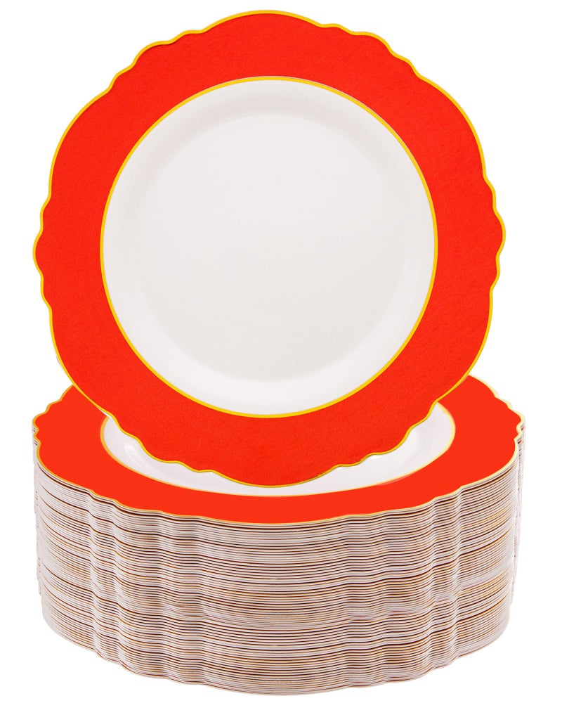 WDF 60pcs Red Plastic 4th of July Plates Gold Rim  1025inch Red Dinner Plates Disposable Plates Table Decor for 4th of July