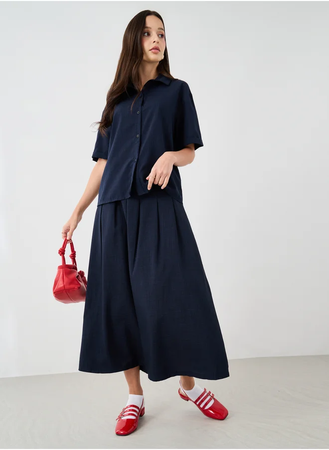 Styli Solid Spread Collar Shirt and Skirt Co-Ords