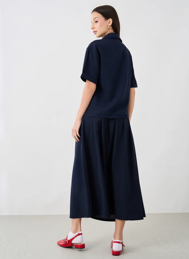 تايك تو Solid Spread Collar Shirt and Skirt Co-Ords
