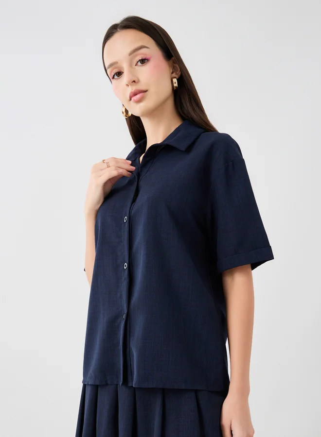 تايك تو Solid Spread Collar Shirt and Skirt Co-Ords