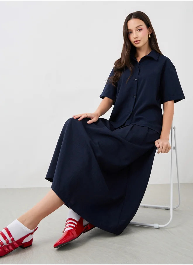 Styli Solid Spread Collar Shirt and Skirt Co-Ords