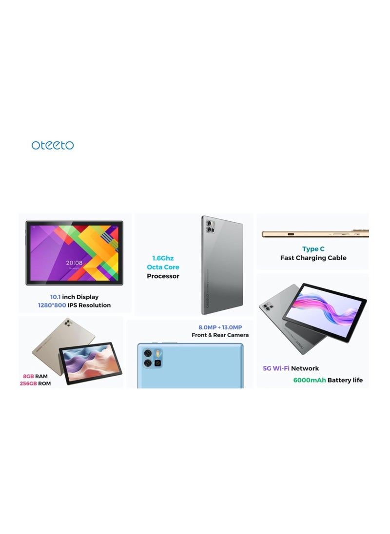Oteeto Tab 12 8GB RAM 256GB ROM Grey Color Dual Sim 6000 mAh Battery 10.1 inch IPS LCD Display Android 13 Tablet
