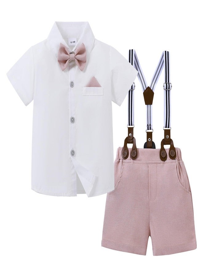 DISAUR Baby Boy Wedding Outfit White Short Sleeve Shirt Pink Short Suspenders Pants Easter Suits For Toddler Boys 2t 18 Months - Image 1