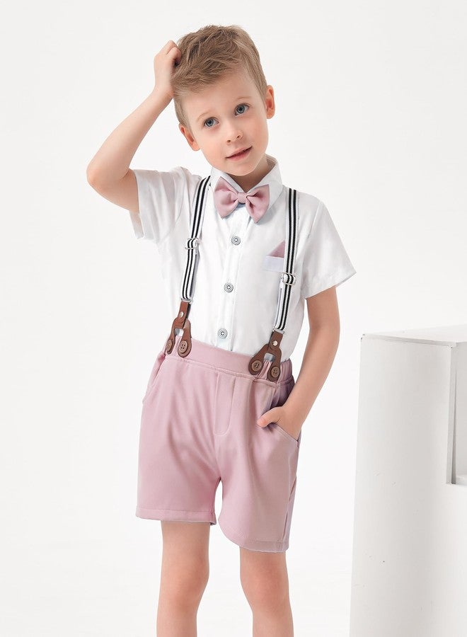 DISAUR Baby Boy Wedding Outfit White Short Sleeve Shirt Pink Short Suspenders Pants Easter Suits For Toddler Boys 2t 18 Months - Image 2