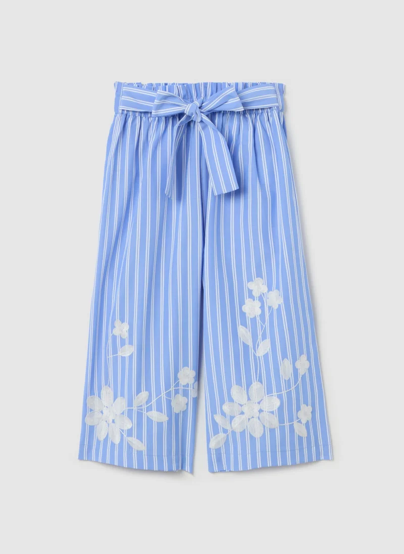 او في اس Blue Striped Culotte Trousers With Embroidered Flowers