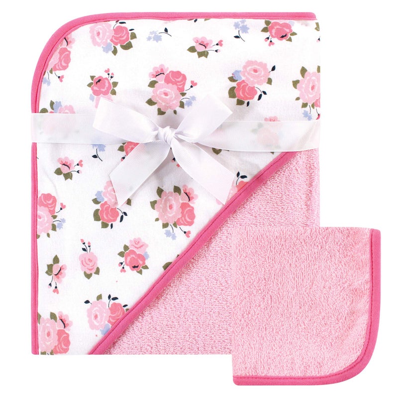 Luvable Friends Unisex Baby Cotton Hooded Towel and Washcloth Floral One Size
