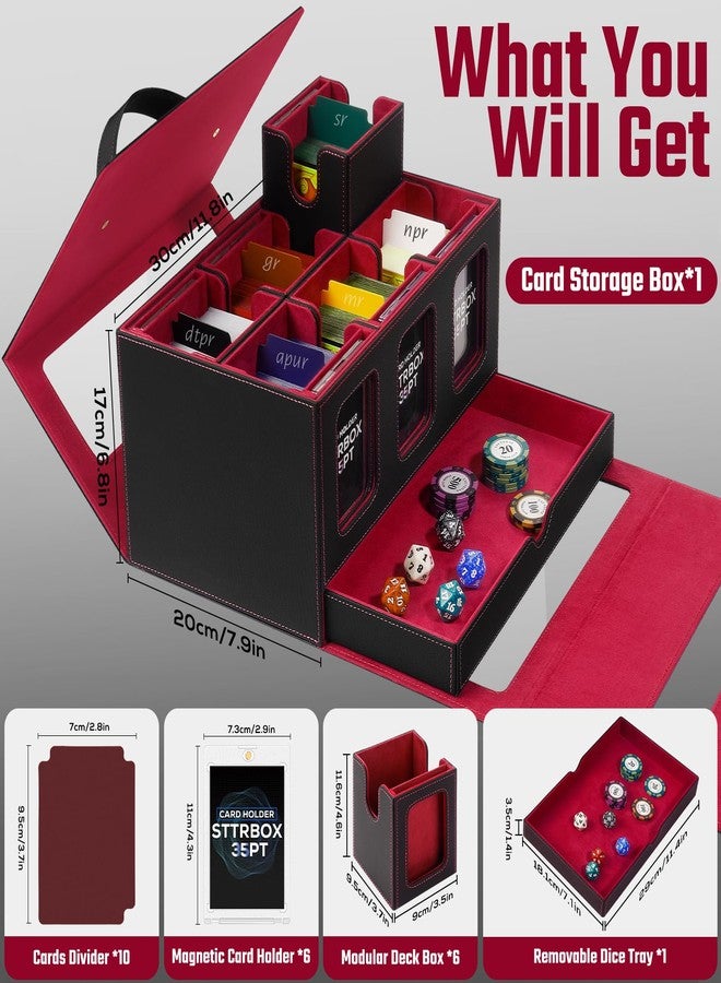صندوق STTRBOX Commander لتخزين بطاقات التداول MTG و TCG، صندوق تخزين بطاقات التداول بمقبض، علبة بطاقات 7 في 1 مع نافذة عرض، 6 حوامل بطاقات مغناطيسية، صينية غربال واحدة، علبة 6 بطاقات، 10 بطاقات ملونة (أسود وأحمر). - Image 3