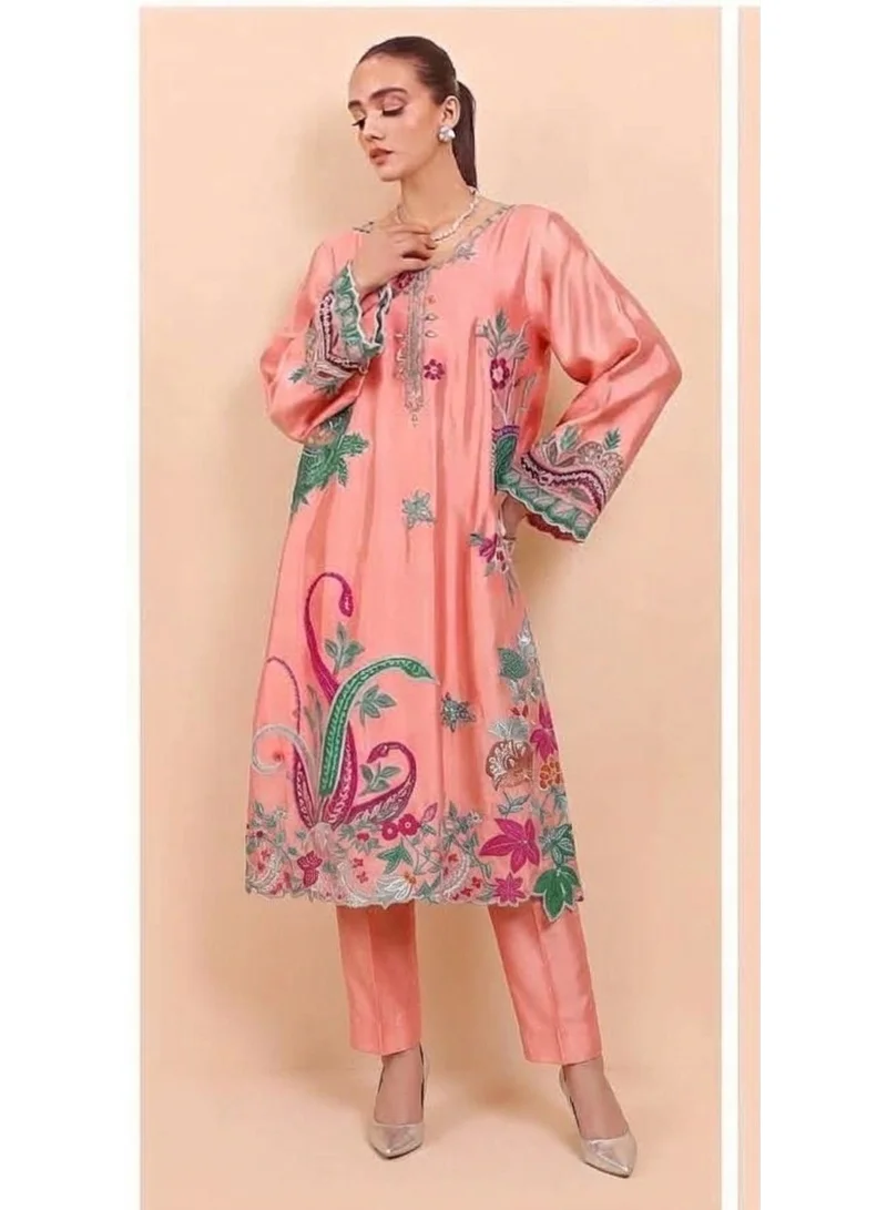 Bazm Luxury Couture Embroidered Peach Tunic and Trousers Set