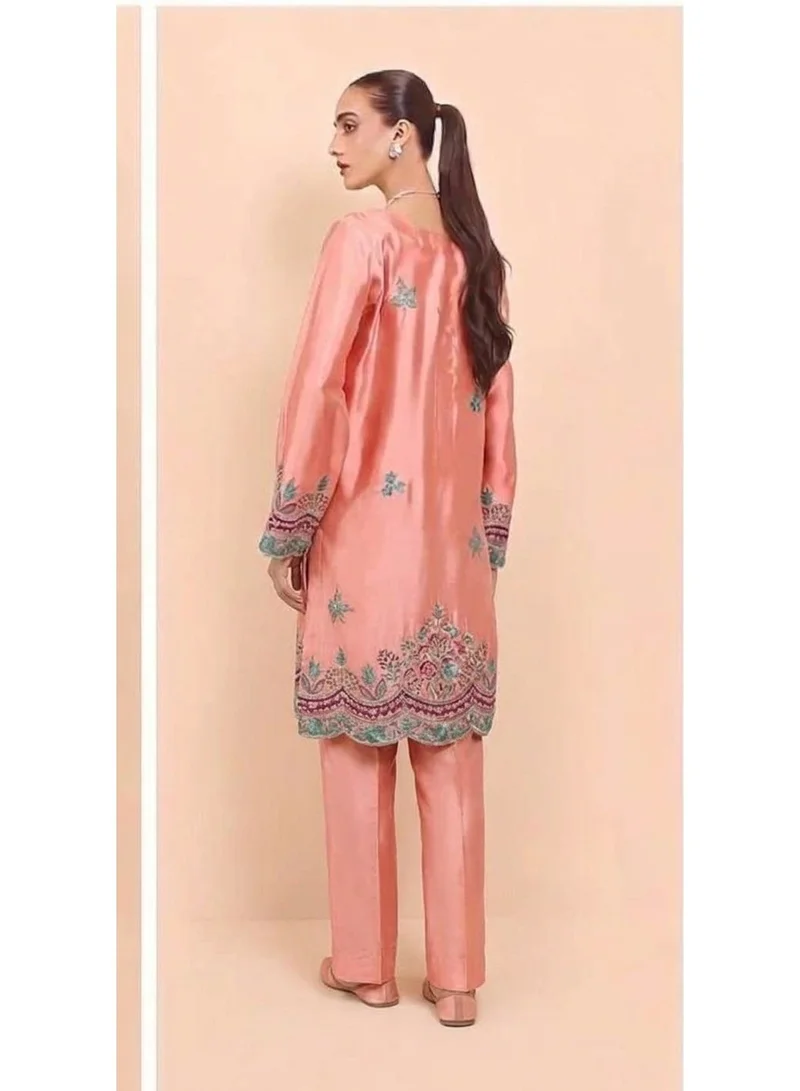 BAZM Bazm Luxury Couture Embroidered Peach Tunic and Trousers Set