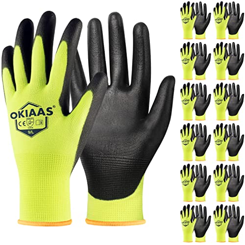 OKIAAS Work Gloves for Men，Ultra Thin and Lightweight Working Gloves with Grip, 12 Pairs Bulk Pack Construction Gloves with Polyurethane Coating, Safety Gloves for Light Duty Work (Green, Large) - Image 1
