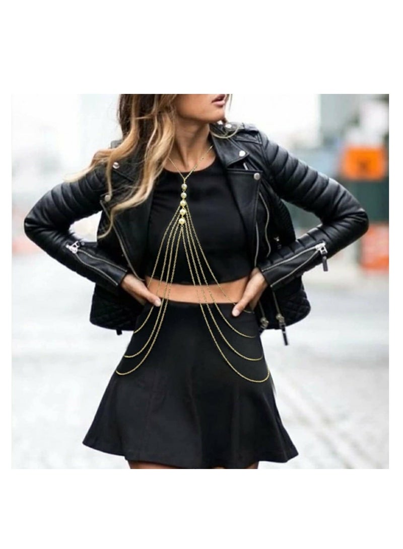 RA accessories Women's Body Chain Golden With Off-White Pearls -Belly Chain  - Image 1