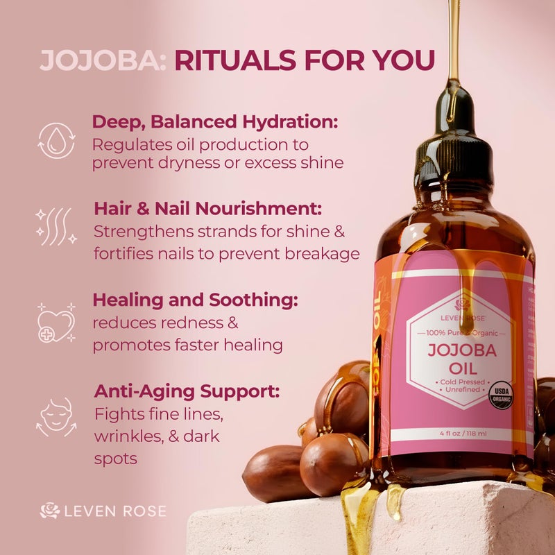 Leven Rose Jojoba Oil Organic, Pure Cold Pressed Natural Unrefined Moisturizer for Skin Hair and Nails 4 oz - Image 4