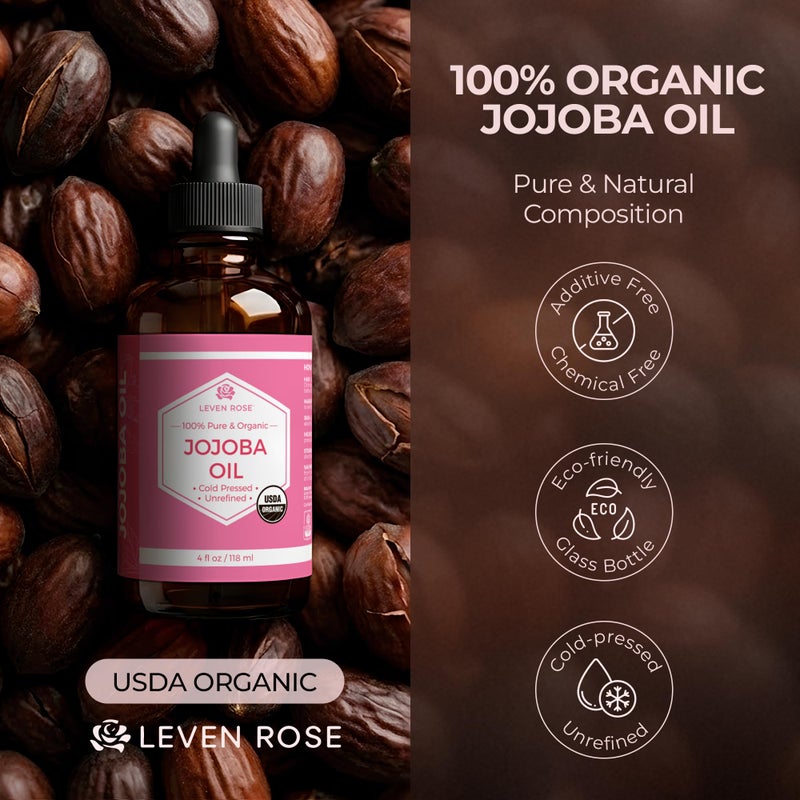Leven Rose Jojoba Oil Organic, Pure Cold Pressed Natural Unrefined Moisturizer for Skin Hair and Nails 4 oz - Image 2