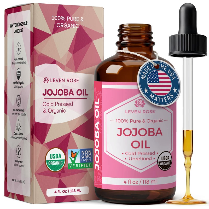 Leven Rose Jojoba Oil Organic, Pure Cold Pressed Natural Unrefined Moisturizer for Skin Hair and Nails 4 oz - Image 1