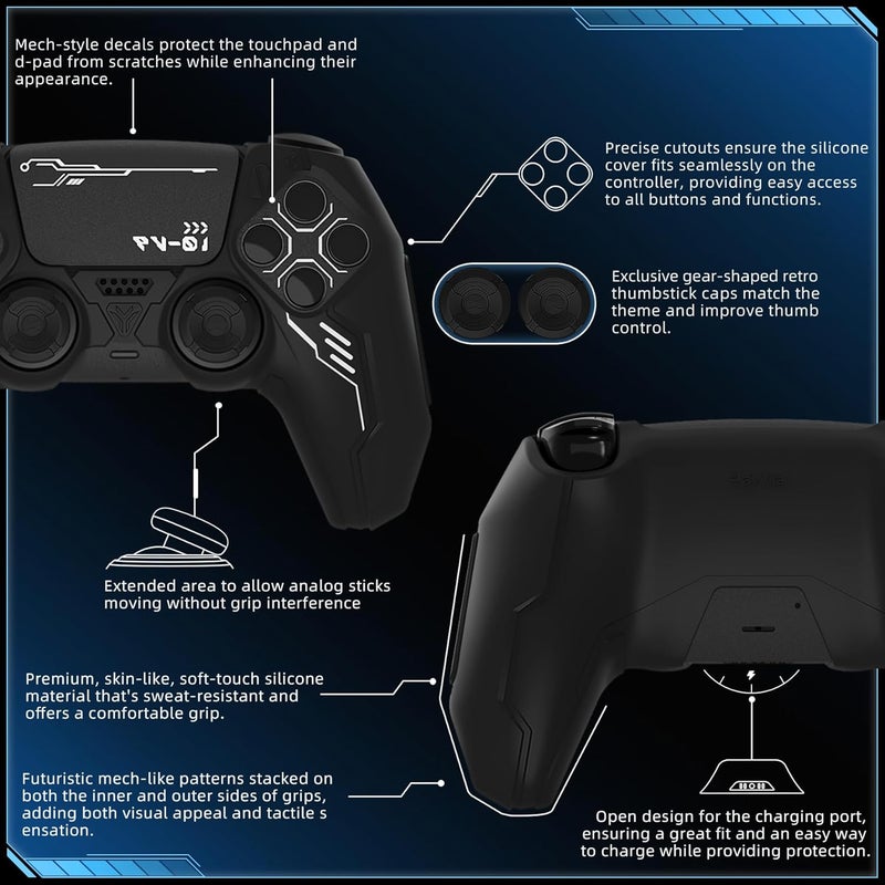 غلاف سيليكون لجهاز تحكم PS5، غلاف واقٍ مانع للانزلاق مع أغطية عصي التحكم وملصقات، إكسسوارات غلاف مطاطي متوافق مع قاعدة الشحن الرسمية لـ PS5 (إصدار الميكا - أسود) - Image 2