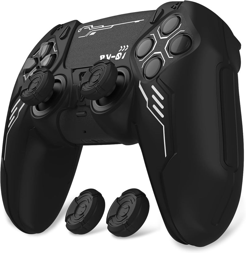 غلاف سيليكون لجهاز تحكم PS5، غلاف واقٍ مانع للانزلاق مع أغطية عصي التحكم وملصقات، إكسسوارات غلاف مطاطي متوافق مع قاعدة الشحن الرسمية لـ PS5 (إصدار الميكا - أسود) - Image 1