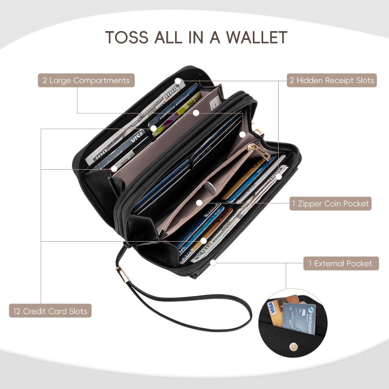 CLUCI Wallet Women Large Capacity Wristlet Purse for Women Long Ladies Wallet RFID Blocking Multi Credit Card Holder Black - Image 4
