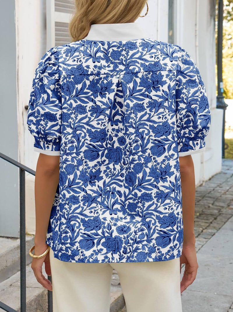 Cicy Bell Womens Floral Short Puff Sleeve Tops V Neck Patchwork Boho Summer Blouses Dressy Casual Shirts Navy - Image 2