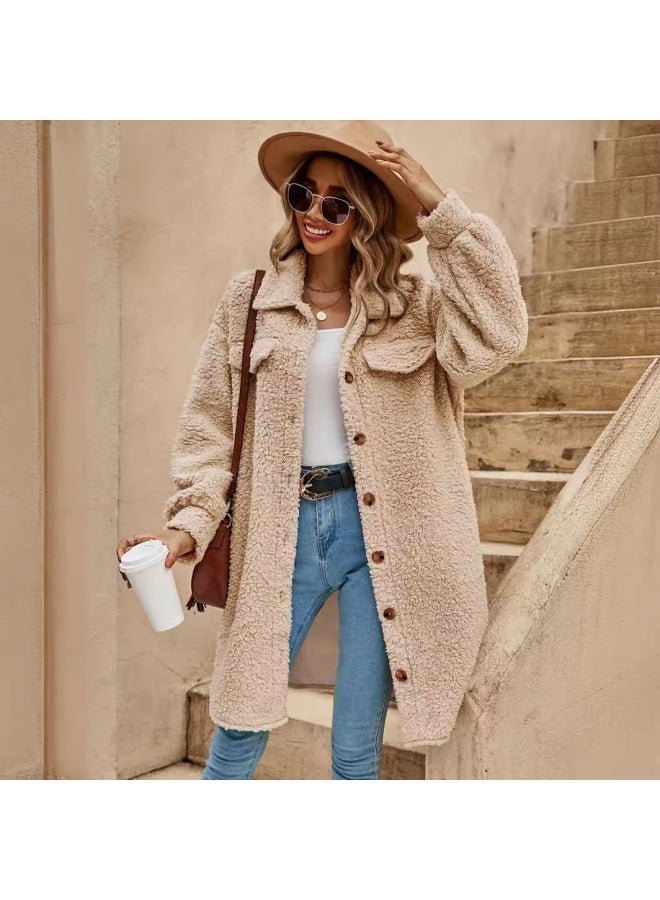 Women's European And American Autumn And Winter Lapel Solid Color Loose Elegant Commuter Long Plush Coat Jacket