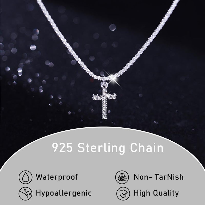 Yalice 925 Sterling Silver Layered Necklace for Women Waterproof Cross Pendant Necklace Chain Dainty Silver Sparkle Crystal Fashion Choker Neck Jewelry Gifts (Single Layer-Cross) - Image 4