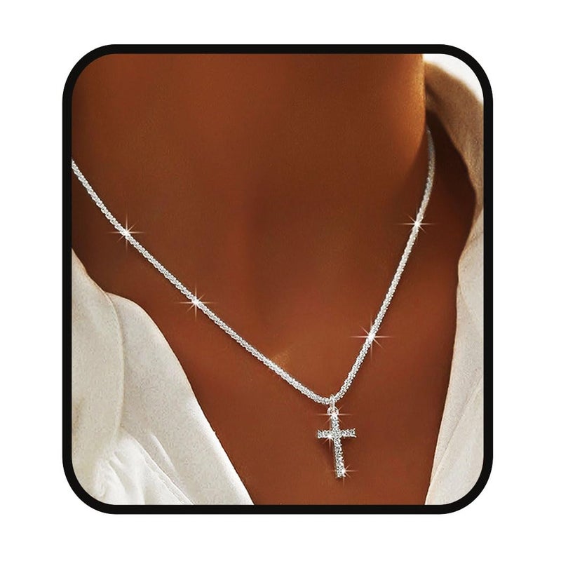 Yalice 925 Sterling Silver Layered Necklace for Women Waterproof Cross Pendant Necklace Chain Dainty Silver Sparkle Crystal Fashion Choker Neck Jewelry Gifts (Single Layer-Cross) - Image 1