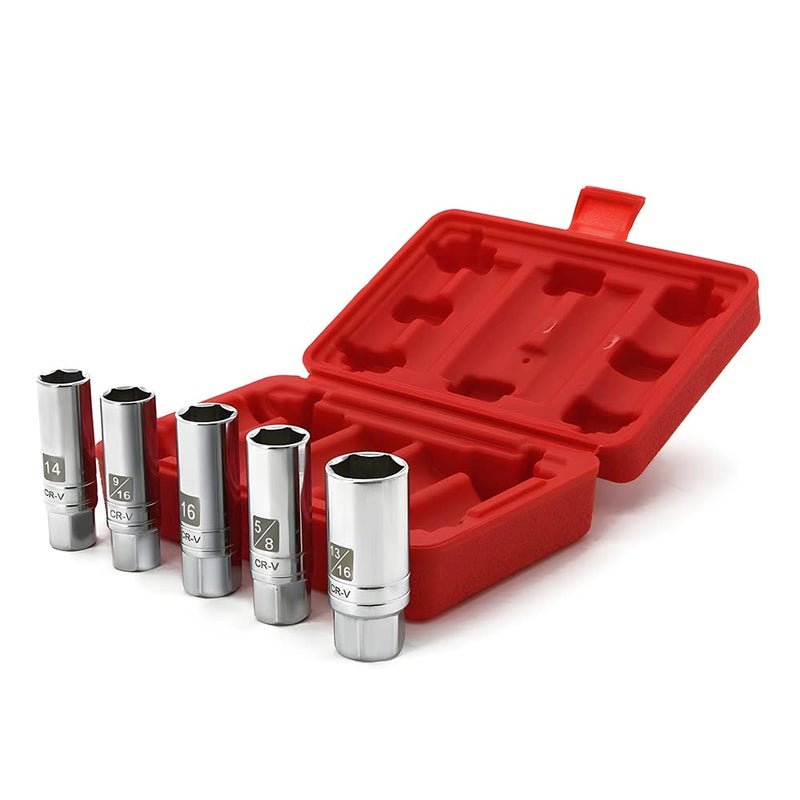 A Abigail 5PCS Magnetic Spark Plug Socket Set Includes 14mm 16mm Thin Wall Socket and 9/16-inch 5/8-inch and 13/16-inch Sockets 3/8-inch Drive Magnet Retains Spark Plugs