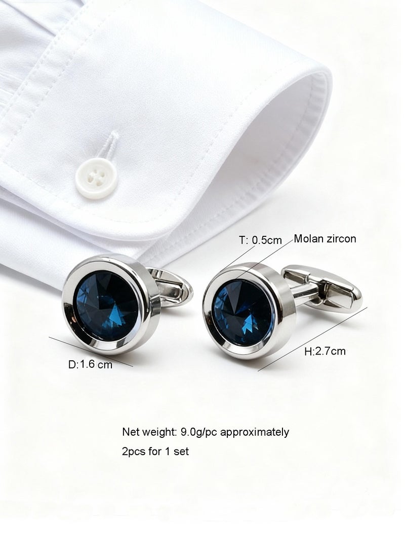 DB Innov. Cufflinks, Molan Blue Silver Frame Round-Shape Cufflinks, 2 PCS for One Set Premium Copper Jewelry Specially Design for Men's Shirt Wedding Business Gift with Delicate Package Box. - Image 4