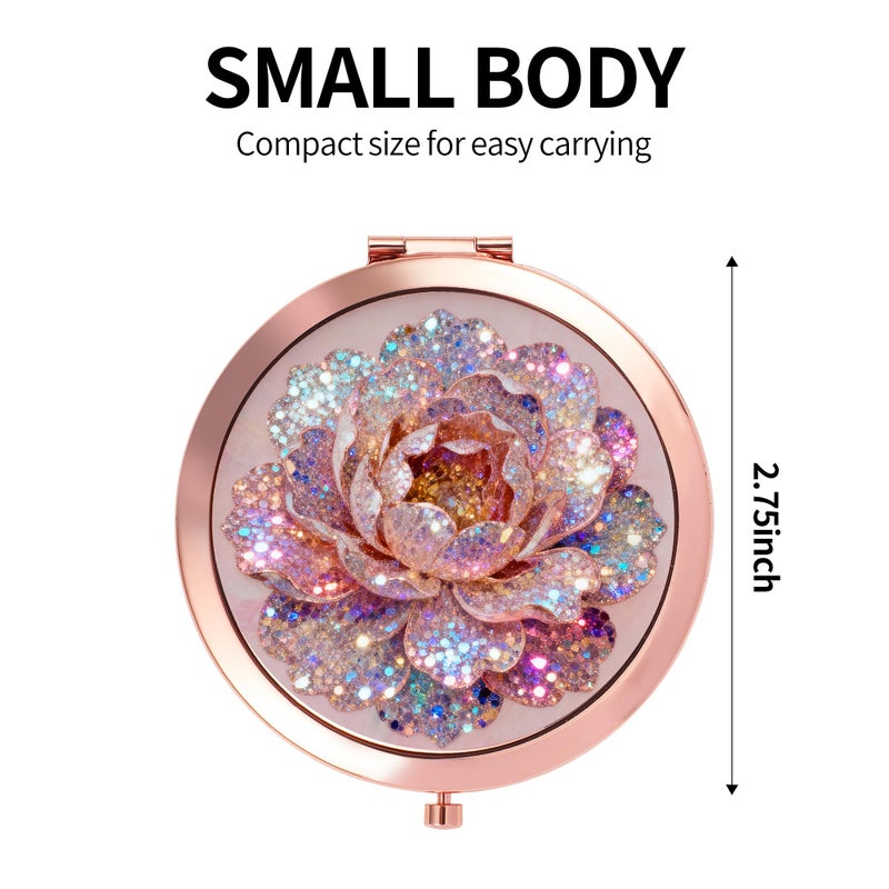 Dynippy Compact Mirror Rose Gold Makeup Mirror Folding Mini Pocket Mirror Portable Hand Mirror Double-Sided 2 x 1x Magnification for Woman Girls (A-Glitter Rose) - Image 2