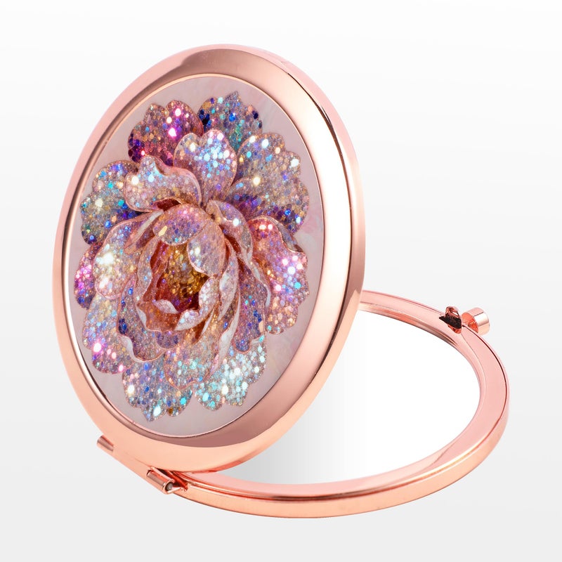 Dynippy Compact Mirror Rose Gold Makeup Mirror Folding Mini Pocket Mirror Portable Hand Mirror Double-Sided 2 x 1x Magnification for Woman Girls (A-Glitter Rose) - Image 3