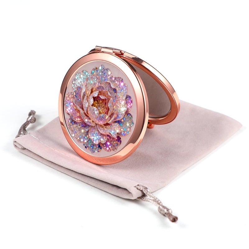 Dynippy Compact Mirror Rose Gold Makeup Mirror Folding Mini Pocket Mirror Portable Hand Mirror Double-Sided 2 x 1x Magnification for Woman Girls (A-Glitter Rose) - Image 1
