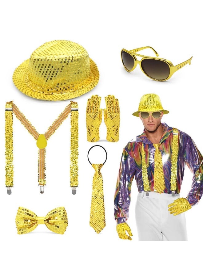 Halloween Magician Six-Piece Deluxe Set | Adult & Kids COSPLAY Costume | Includes Top Hat + Sunglasses + Bow Tie + Necktie + Gloves + Suspenders | Birthday Party Theme Outfit - Image 1