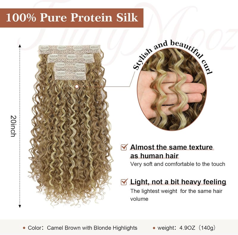 Flufymooz Clip in Hair Extensions, 4PC 100％ Pure Protein Silk Hair Extensions Long Soft Natural Hairpiece 20 Inch Curly Hair Extension for Women- Camel Brown with Blonde Highlights - Image 2