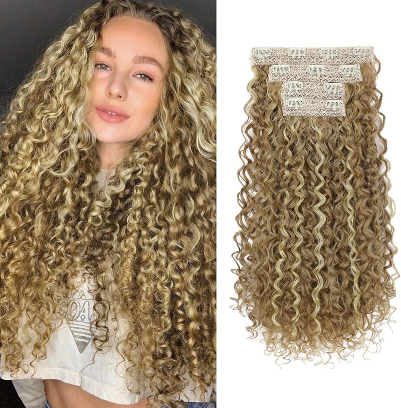 Flufymooz Clip in Hair Extensions, 4PC 100％ Pure Protein Silk Hair Extensions Long Soft Natural Hairpiece 20 Inch Curly Hair Extension for Women- Camel Brown with Blonde Highlights - Image 1