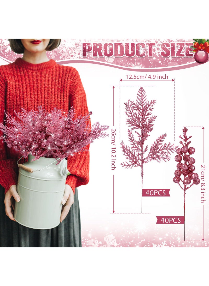 Cindeer Cindeer 80 Pcs Pink Christmas Glitter Berries Stems Pine Needles Christmas Artificial Picks Fake Floral Twig Spray for Xmas Tree Ornaments DIY Wreath Garland Decorations  - Image 2