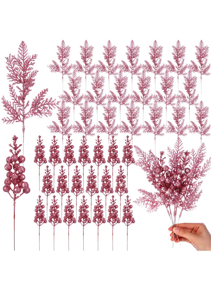 Cindeer Cindeer 80 Pcs Pink Christmas Glitter Berries Stems Pine Needles Christmas Artificial Picks Fake Floral Twig Spray for Xmas Tree Ornaments DIY Wreath Garland Decorations  - Image 1