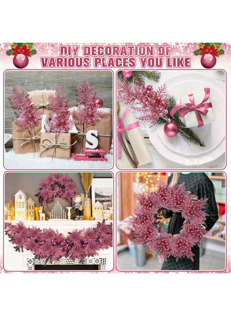 Cindeer Cindeer 80 Pcs Pink Christmas Glitter Berries Stems Pine Needles Christmas Artificial Picks Fake Floral Twig Spray for Xmas Tree Ornaments DIY Wreath Garland Decorations  - Image 4