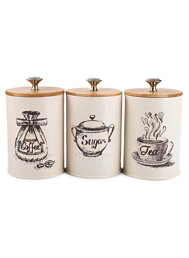 Arabest Kitchen Countertop Jar Set, Metal Vintage Kitchen Jar 3-piece Set, Coffee Sugar Tea Jar Set, Food Storage Jars with Bamboo Lids, Farmhouse Kitchen Decor, Beige  - Image 1