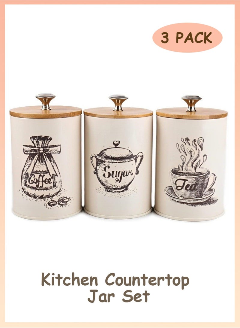 Arabest Kitchen Countertop Jar Set, Metal Vintage Kitchen Jar 3-piece Set, Coffee Sugar Tea Jar Set, Food Storage Jars with Bamboo Lids, Farmhouse Kitchen Decor, Beige - Image 1